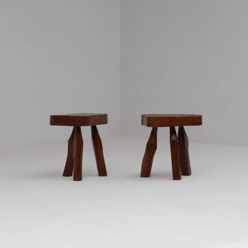 Pair of Sculptural Solid Wood Brutalist Stools, France, 1960s