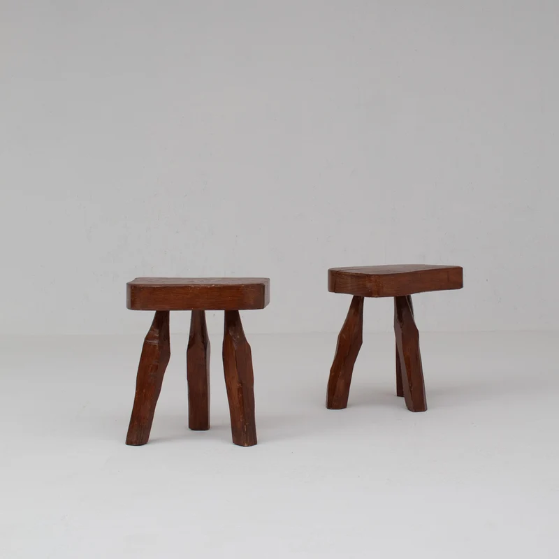 Pair of Sculptural Solid Wood Brutalist Stools, France, 1960s