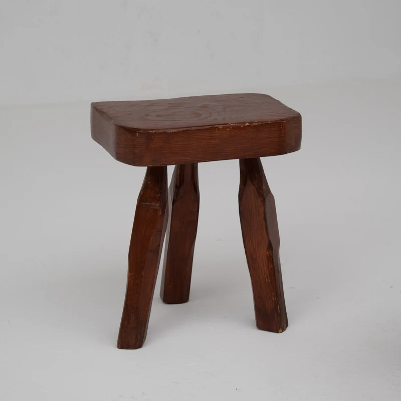 Pair of Sculptural Solid Wood Brutalist Stools, France, 1960s