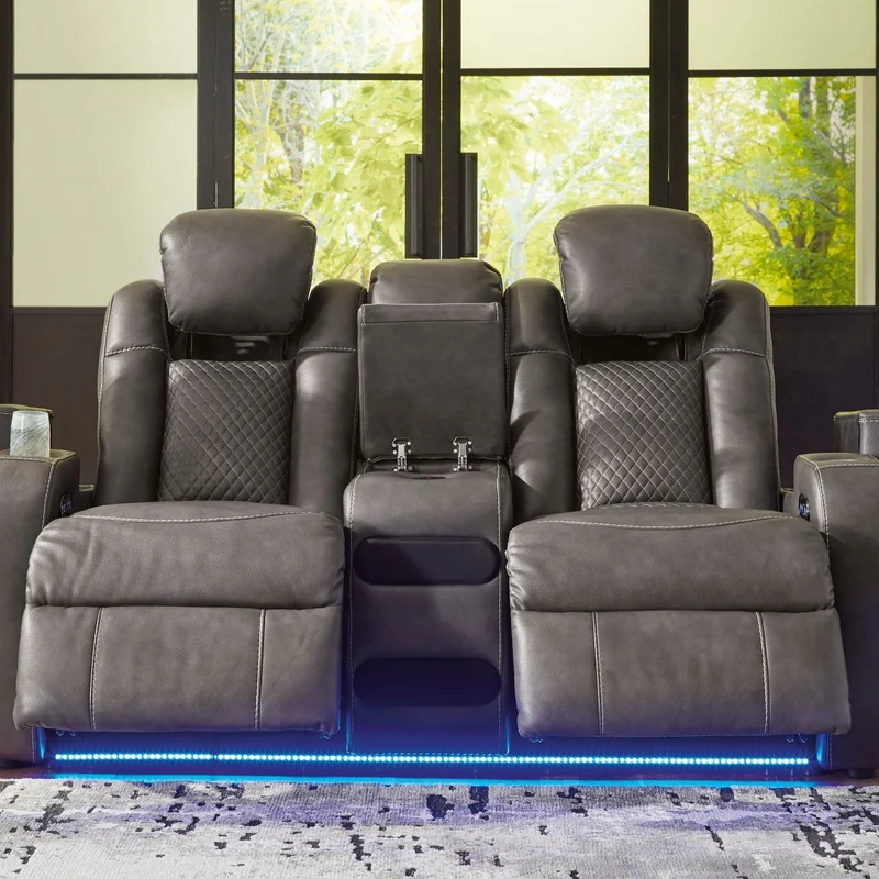Causeuse inclinable motorisée aspect cuir gris foncé avec console - Mountainous