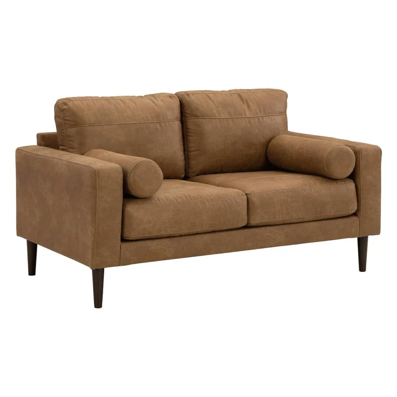 Causeuse aspect cuir brun caramel avec coussins - Telora