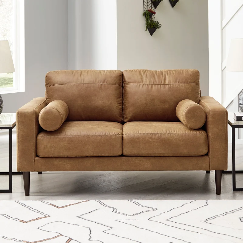 Causeuse aspect cuir brun caramel avec coussins - Telora