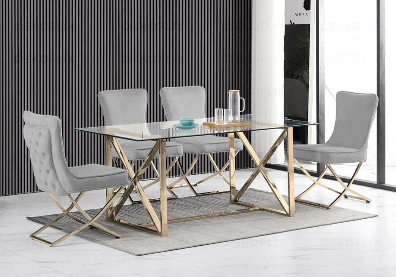 Table verre et 4 chaises velours anthracite dorée - Enzo