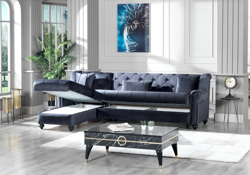 Canapé méridienne velours bleu nuit capitonné – MEVA