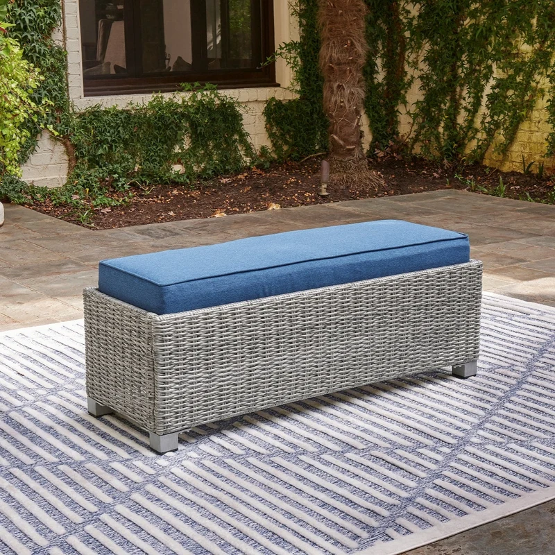 Banc extérieur en tissu Nuvella bleu et en osier gris pâle - Naples Beach