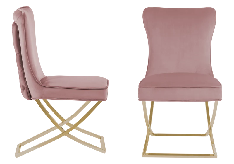 Chaise capitonnée pied croisé doré rose - Enzo x2