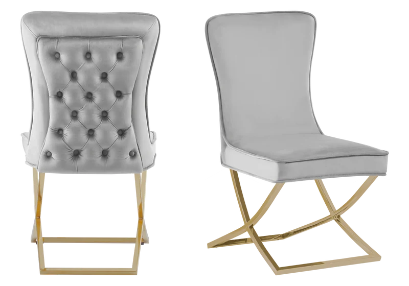 Table verre et 4 chaises velours gris dorée - Enzo
