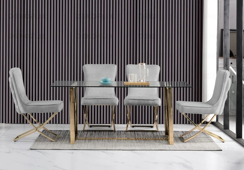 Table verre et 4 chaises velours gris dorée - Enzo