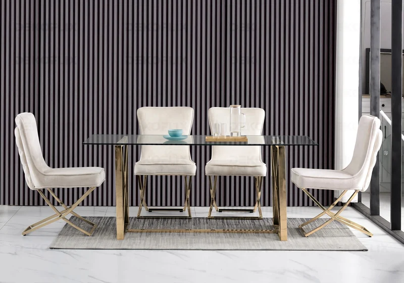 Chaise capitonnée pied croisé doré écrue - Enzo x2