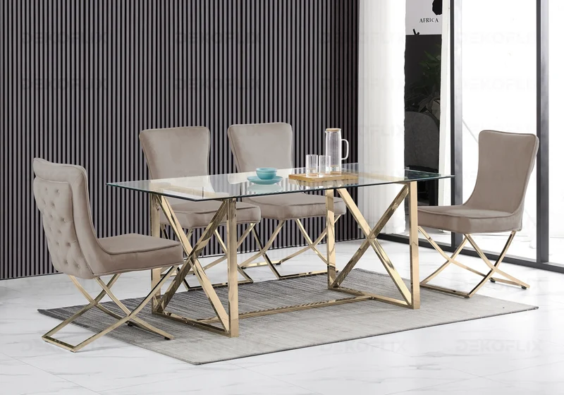 Chaise capitonnée pied croisé argent taupe - Enzo x2