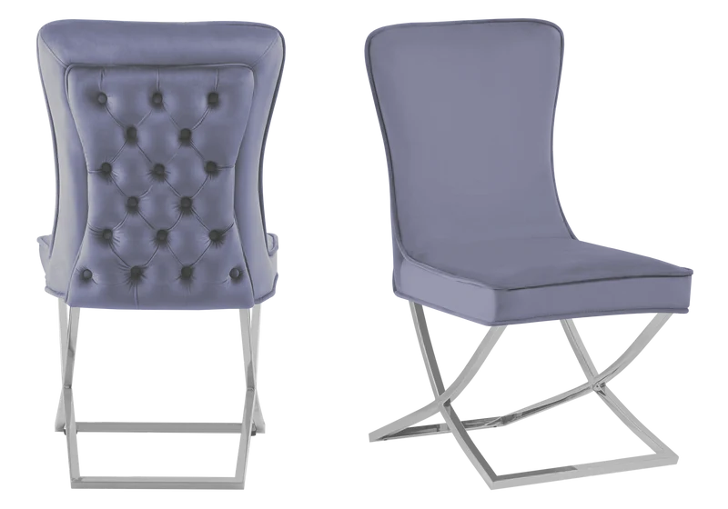 Table verre et 4 chaises velours anthracite argent - Enzo