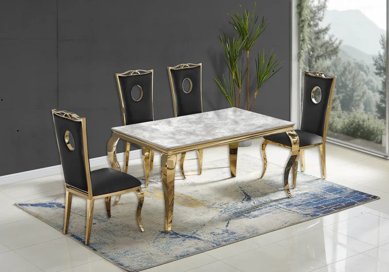 Chaise médaillon baroque dorée et similicuir noir - Pia x4