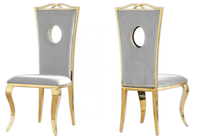 Chaise médaillon baroque dorée et velours gris - Pia x4