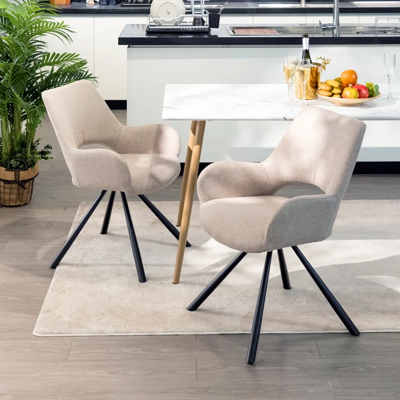 Lot de 6 chaises de salle à manger scandinaves avec accoudoirs en tissu beige - BETH