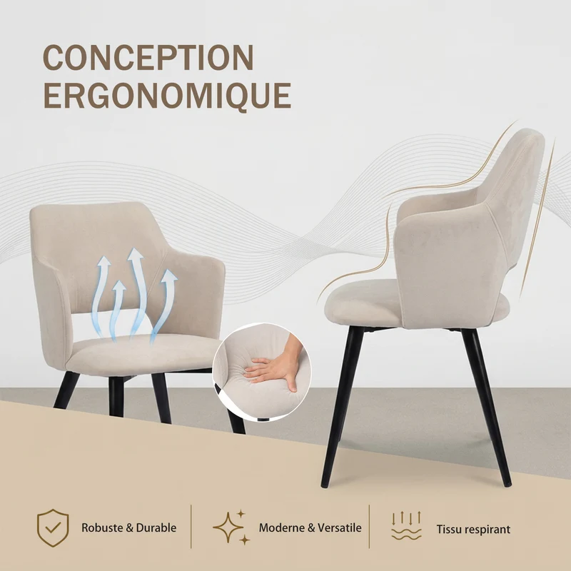 Ensemble de salle à manger comprenant une table extensible et 4 fauteuils avec accoudoirs en tissu beige