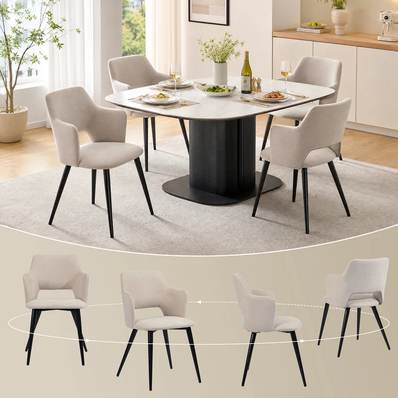 Ensemble de salle à manger comprenant une table extensible et 4 fauteuils avec accoudoirs en tissu beige