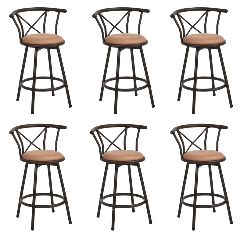 Lot de 6 tabourets de bar industriels pivotants avec dossier en tissu marron - HAILEY 24