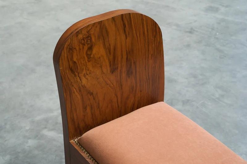 Stunning Art Deco Bench in Burr Burl Walnut and Velvet