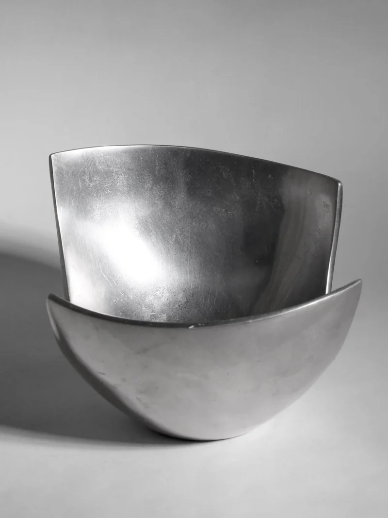 Polished Aluminum Asymmetric Contemporary Deep Bowl, Medium
