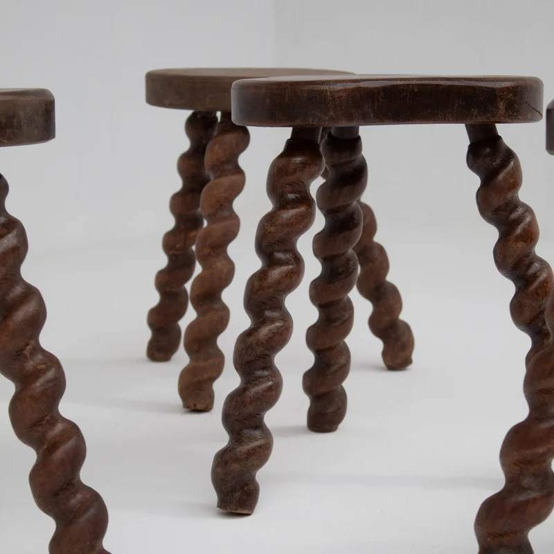 Set of 4 Primitive Oak Stools with Spiral Legs