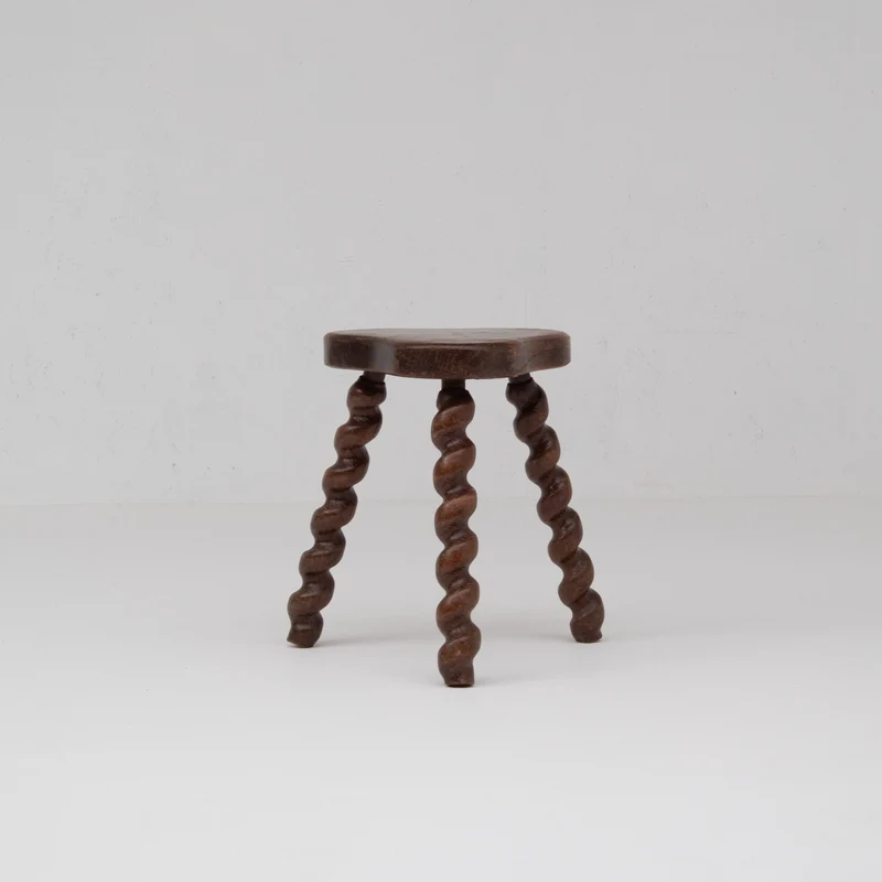 Set of 4 Primitive Oak Stools with Spiral Legs