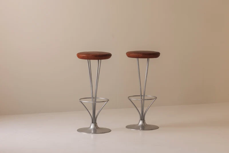 Set of Two Bar Stools in patinated leather by Piet Hein for Fritz Hansen, Denmark, 1960s