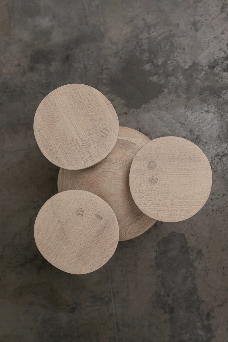 Solid Oak Sculptural Stool - BLEO III by Daniel Couttolenc, Cream Wash Finish