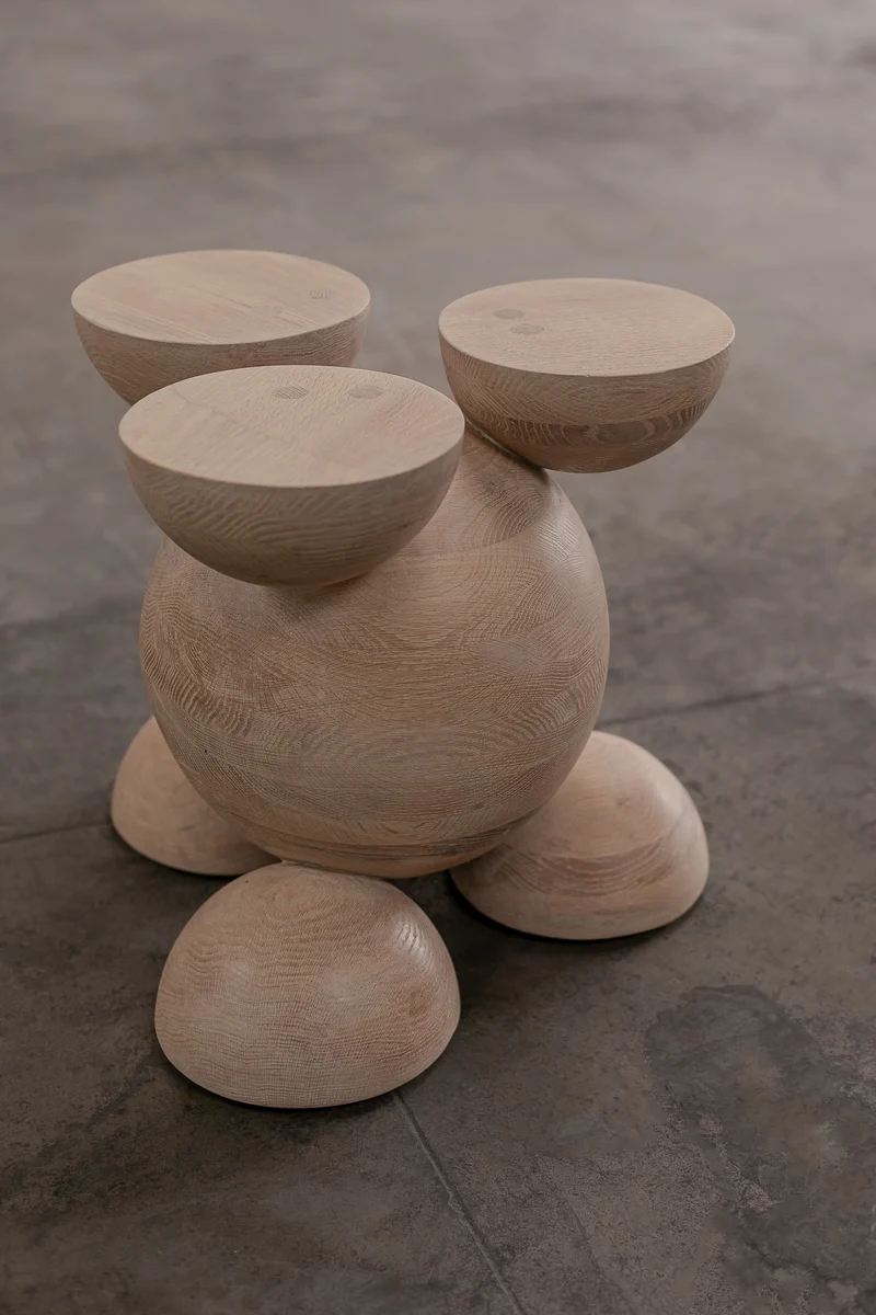 Solid Oak Sculptural Stool - BLEO III by Daniel Couttolenc, Cream Wash Finish