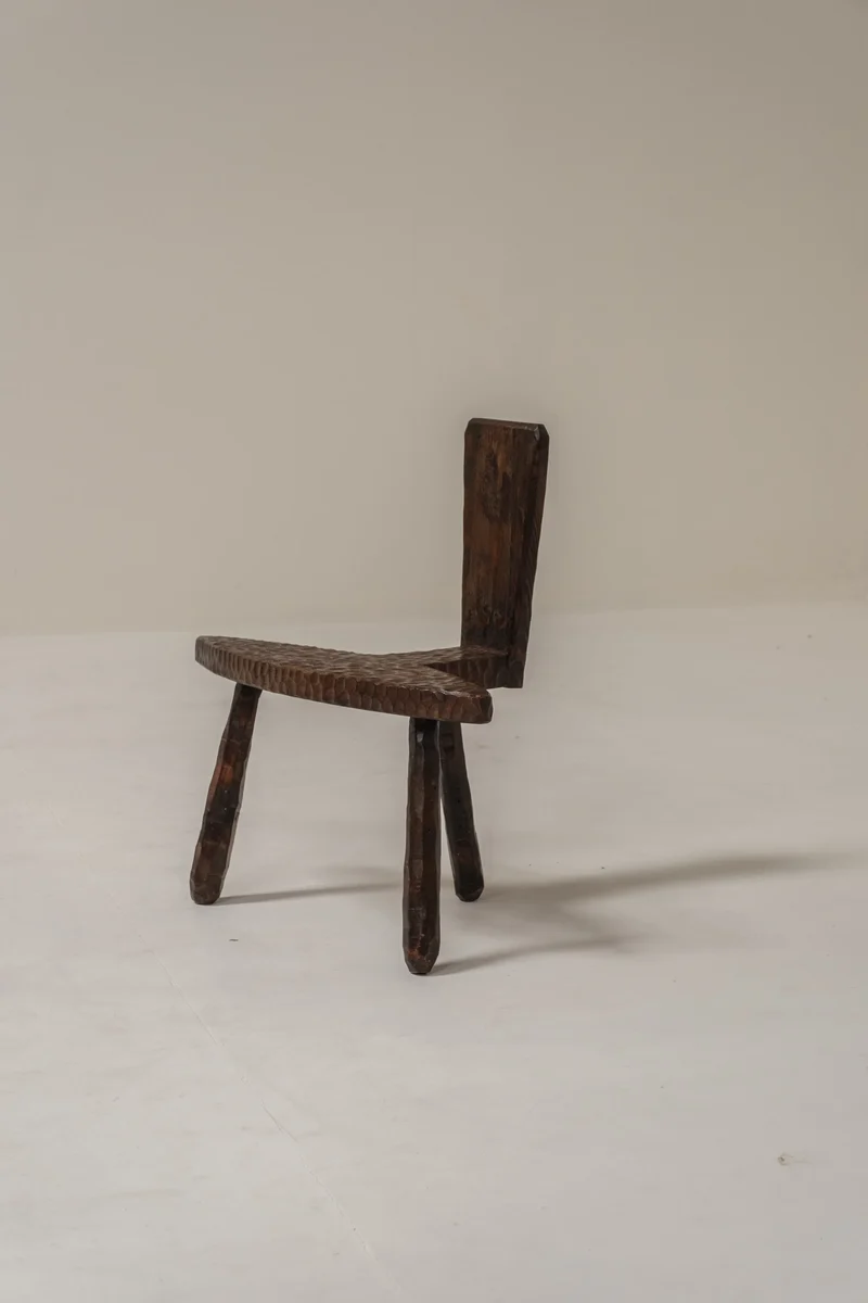 Pair of Hand-Carved Brutalist Wooden Chairs, France, 1950s