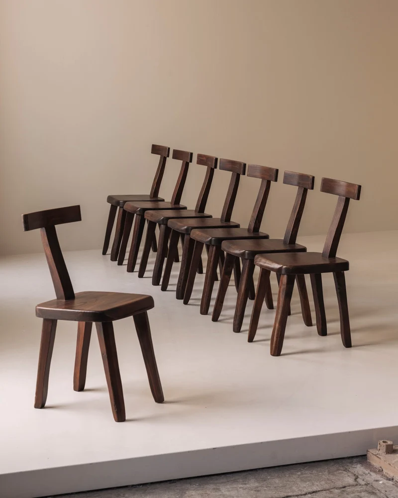 Large set of 8 Brutalist wooden T chairs by Aranjou, France 1960s.