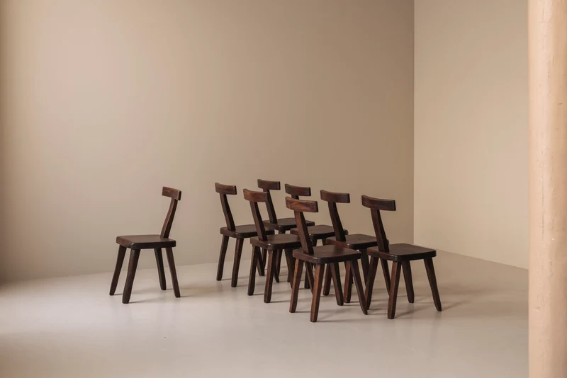 Large set of 8 Brutalist wooden T chairs by Aranjou, France 1960s.