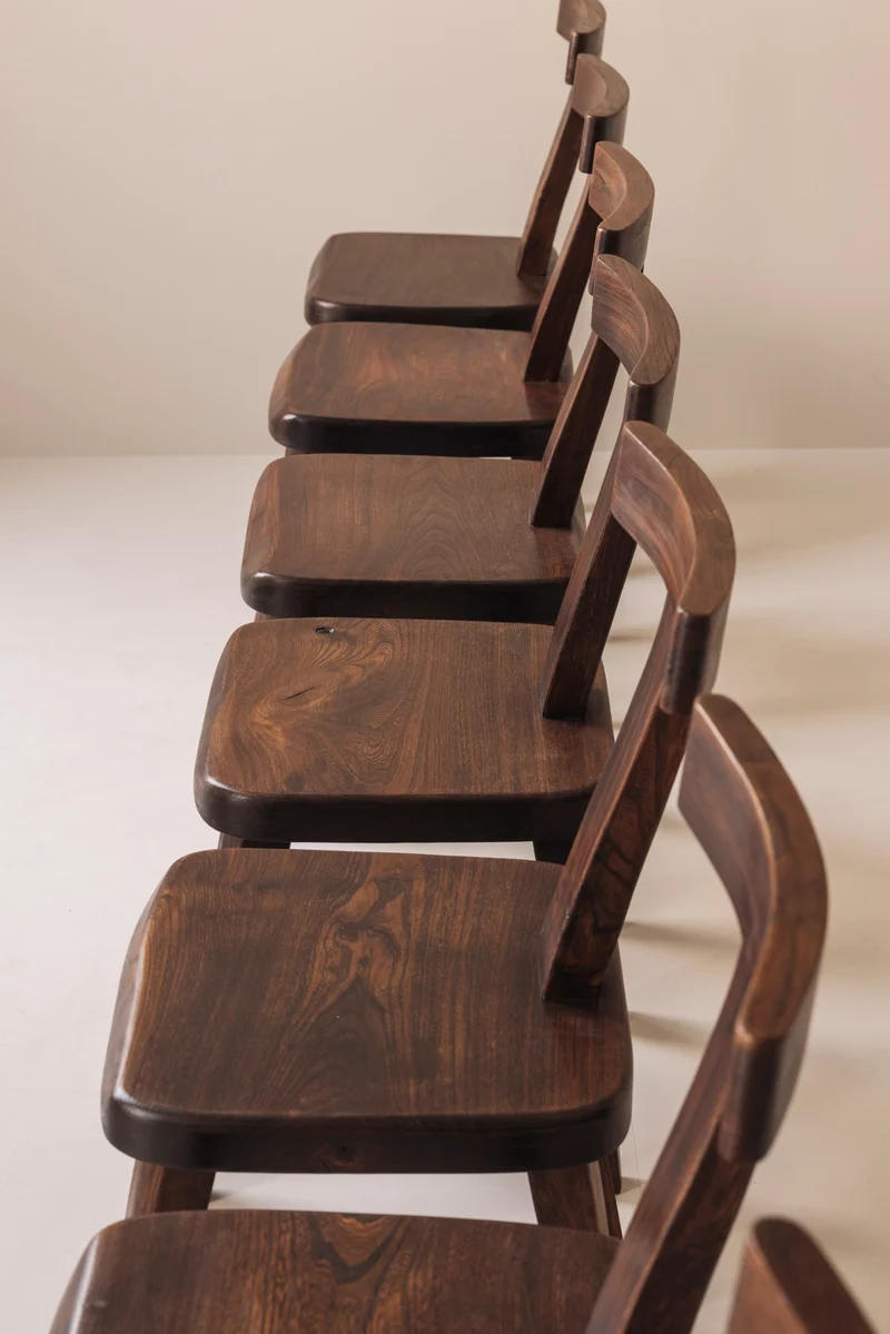 Large set of 8 Brutalist wooden T chairs by Aranjou, France 1960s.