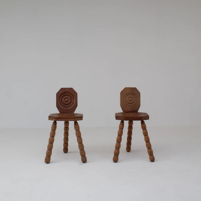 Pair of Sculptural Bobbin Stools with Backrests