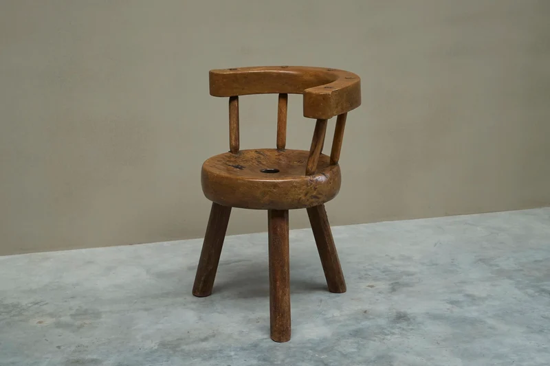 A Sculptural Three-Legged Provincial Vernacular Chair in Heavy Solid Oak France Early 20th Century