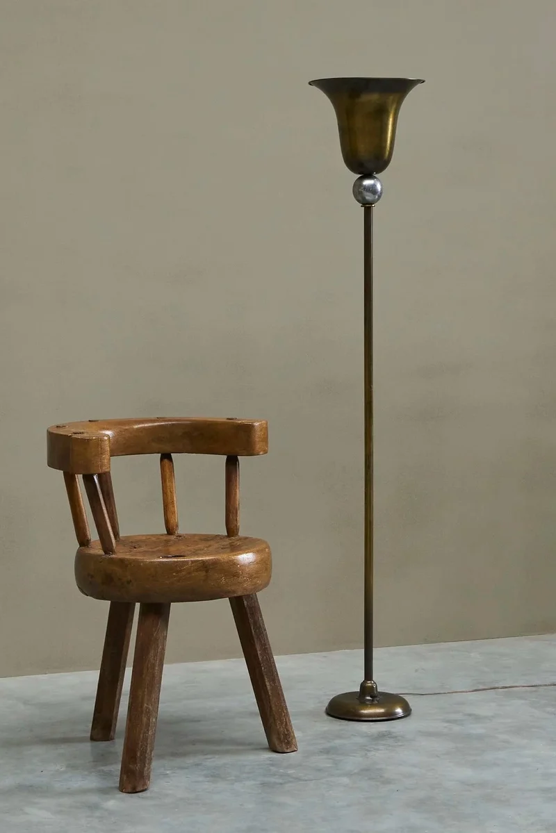 Vintage Elegant Art Deco Floor Lamp in Patinated Brass and Nickel Plated Brass 1930, 1930s
