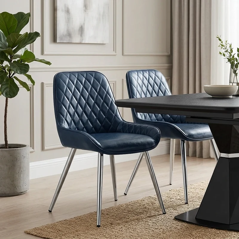 Chaise Faux Cuir Antique Chrome - Lincoln Bleu