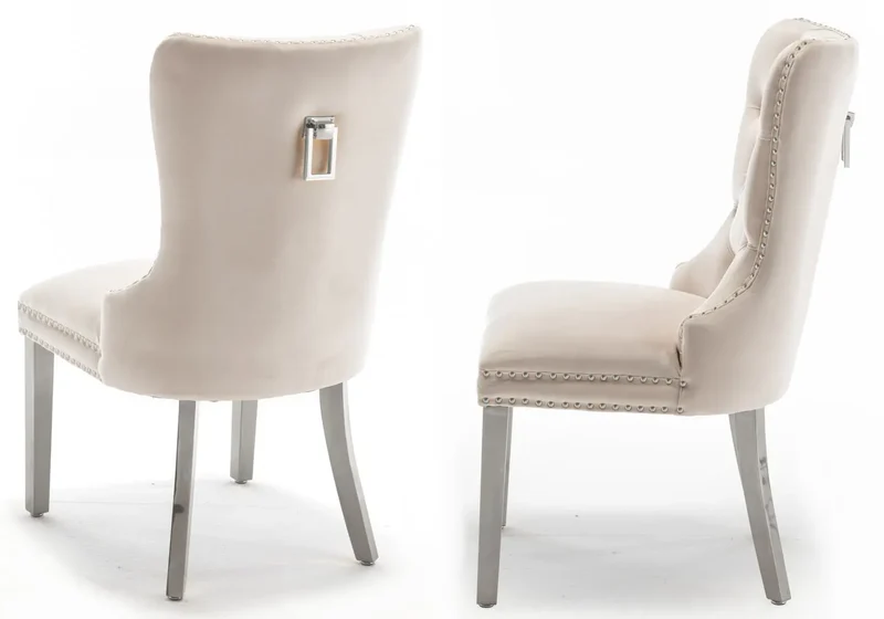 Chaises en velours beige avec poignée argentée - Lora x2