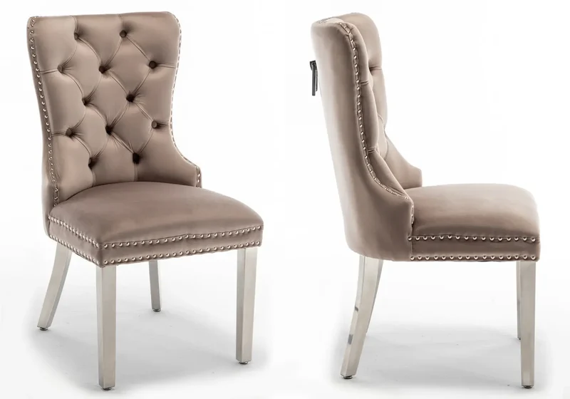 Chaises en velours moka avec poignée argentée - Lora x2