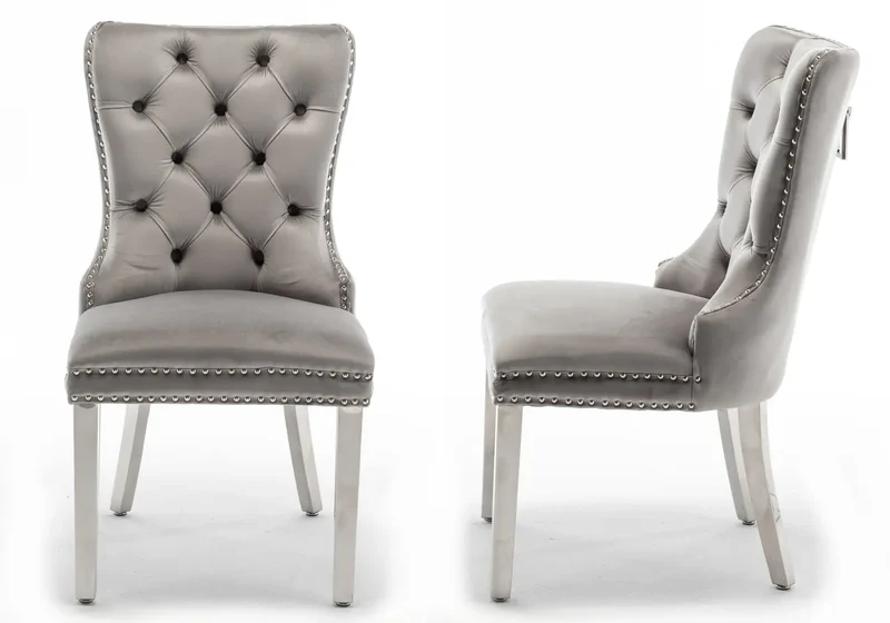 Chaises en velours gris avec poignée argentée - Lora x2