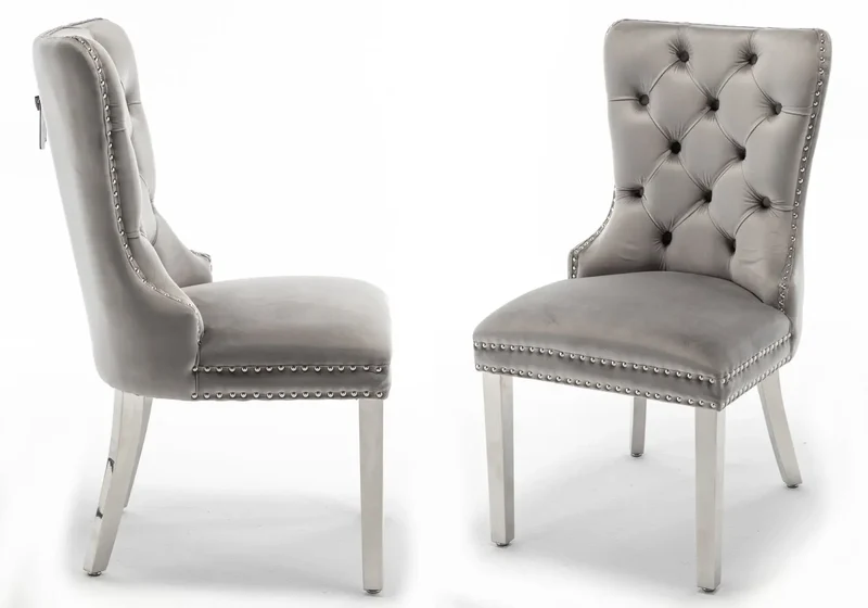 Chaises en velours gris avec poignée argentée - Lora x2