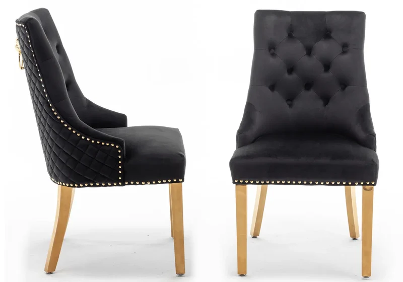 Chaise capitonnée velours noir tête de lion dorée - Lion x2