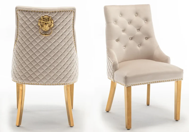 Chaise capitonnée velours beige tête de lion dorée - Lion x2