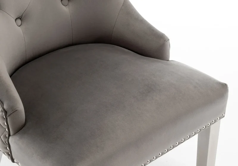 Chaise capitonnée velours gris tête de lion argent - Lion x2