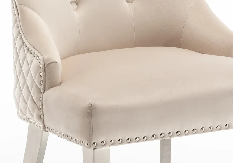 Chaise capitonnée velours beige tête de lion argent - Lion x2