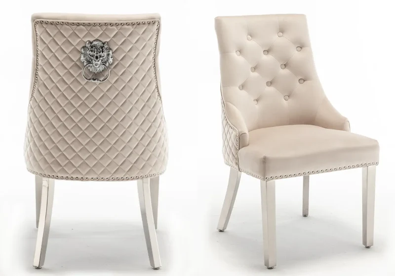Chaise capitonnée velours beige tête de lion argent - Lion x2