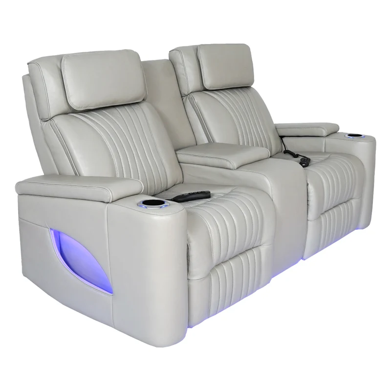 Causeuse inclinable motorisée zéro gravité en cuir gris pâle avec console - K2180