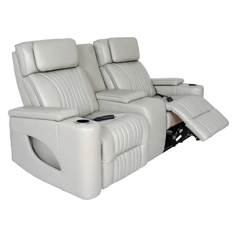 Causeuse inclinable motorisée zéro gravité en cuir gris pâle avec console - K2180