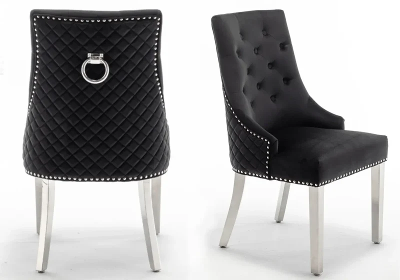 Chaise capitonnée velours noir anneau argent - Lidy x2