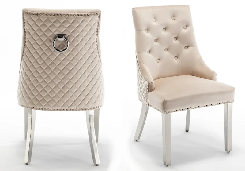 Chaise capitonnée velours beige anneau argent - Lidy x2