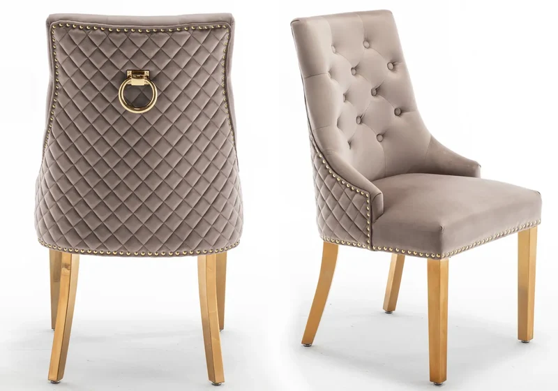 Chaise capitonnée velours moka anneau doré - Lidy x2